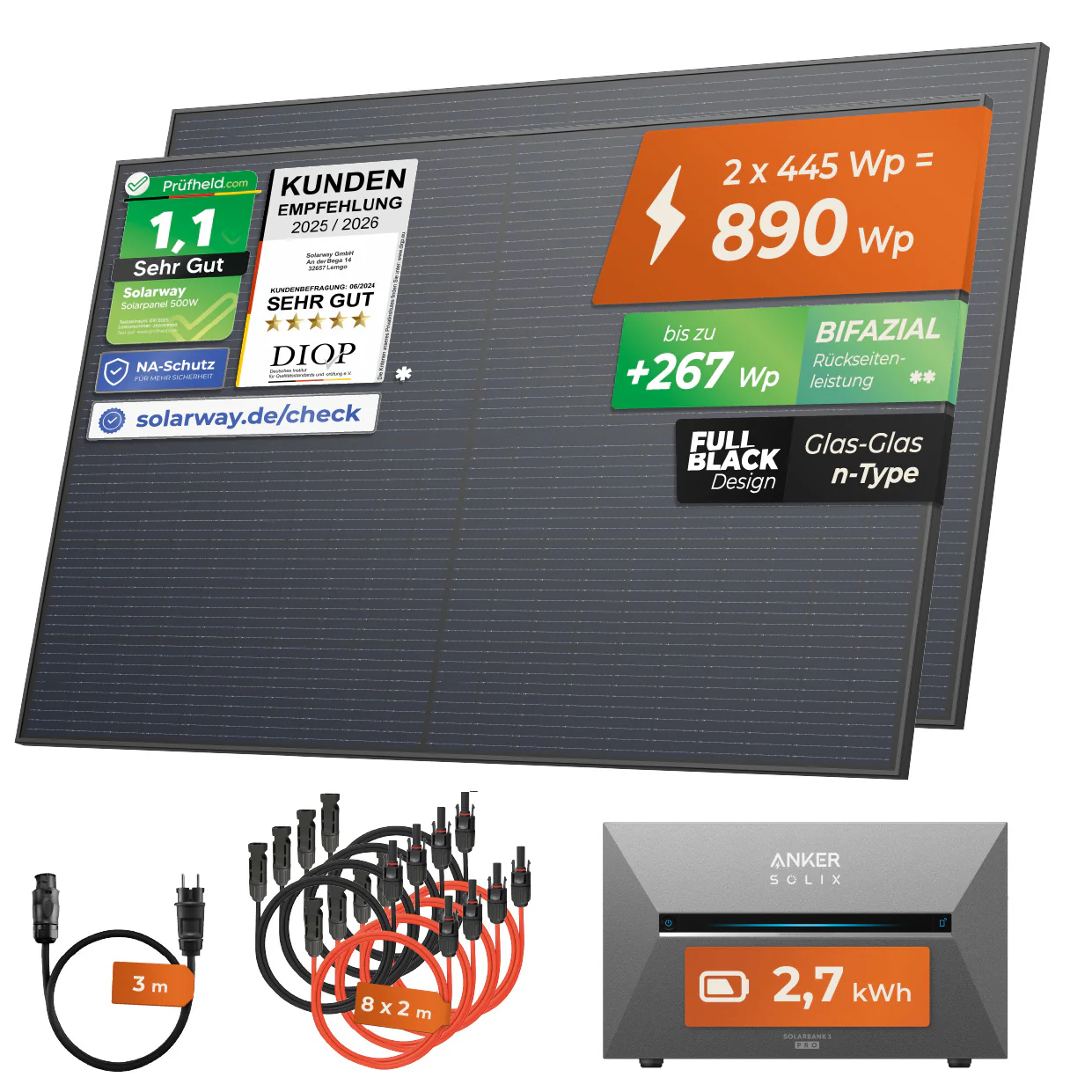 SOLARWAY Balkonkraftwerk 890 Watt | Anker SOLIX Solarbank 3