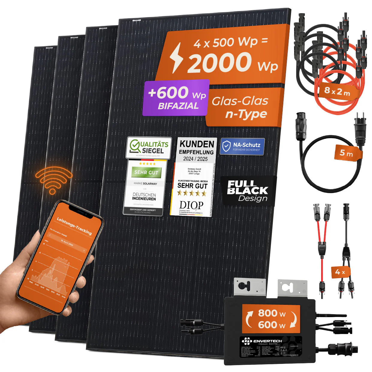 Balkonkraftwerk 4 x 500 Wp Bifazial | Envertech (800 W) - Stockschraubenhalterung