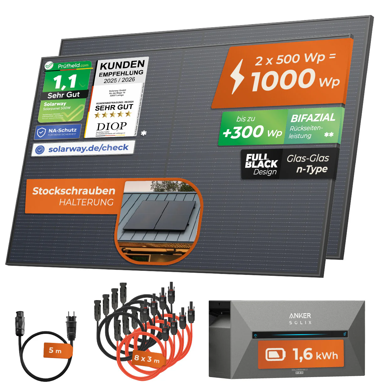SOLARWAY Balkonkraftwerk 1000 Watt | Anker SOLIX Solarbank 2 E1600 Pro 1,6 kWh Speicher - Image 4