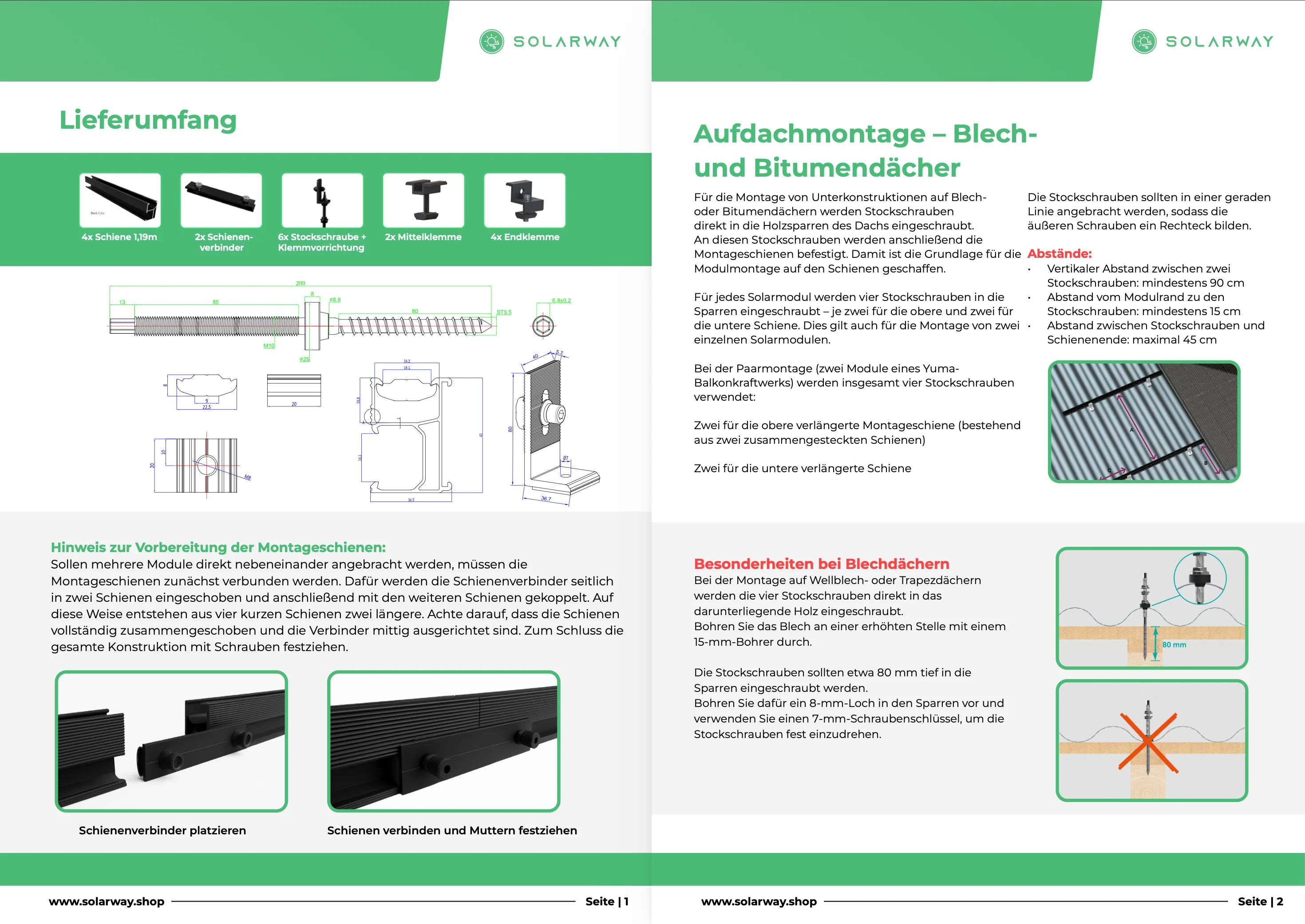 Solarway Balkonkraftwerk Stockschraube Halterung für Solarpanel | Blechdach, Holzdach, Welldach Befestigung für 2 Solarmodule vertikal Halterung Set | Schwarz - Image 5