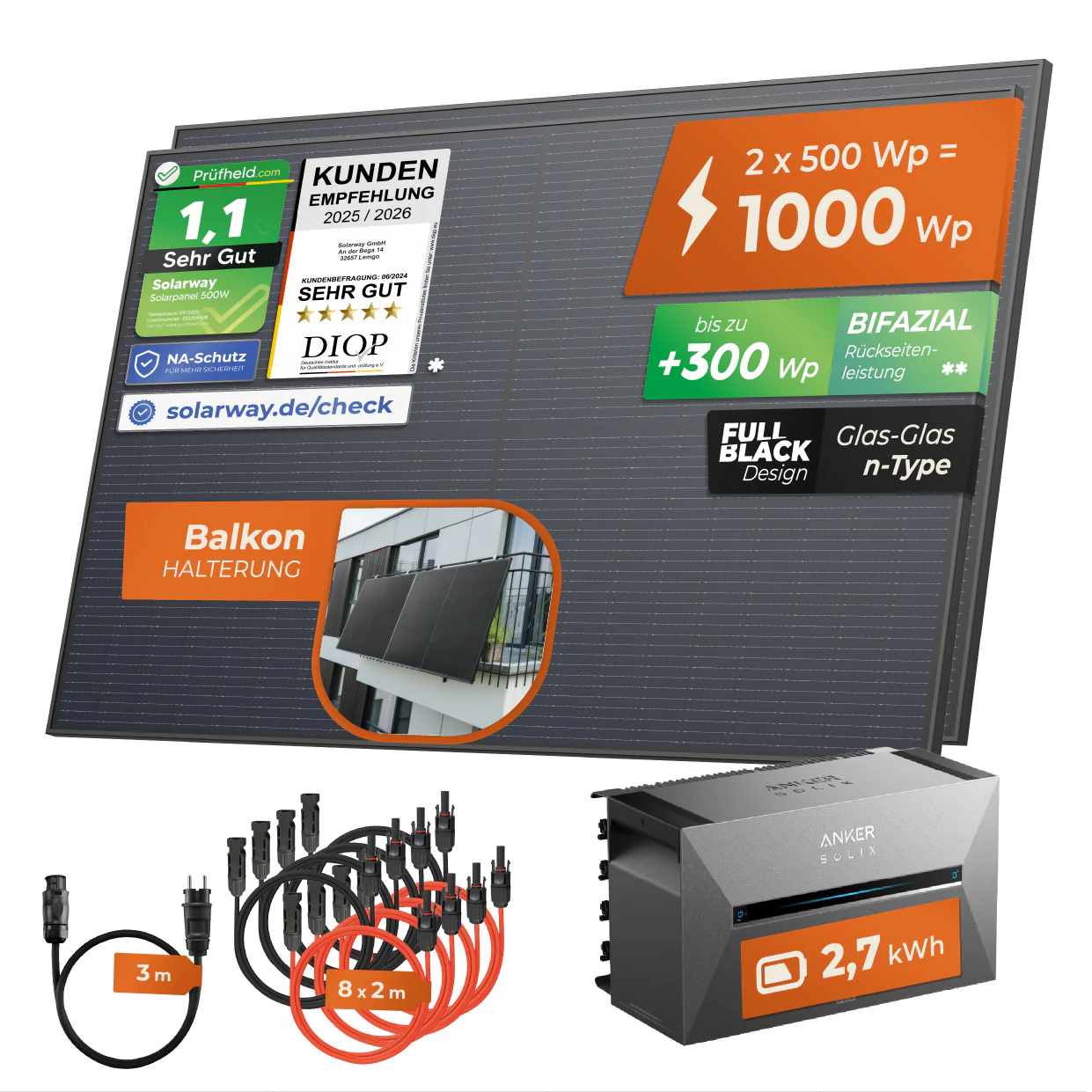 SOLARWAY Balkonkraftwerk 1000 Watt | Anker SOLIX Solarbank 3 E2700 Pro 2,7 kWh Speicher - Image 2